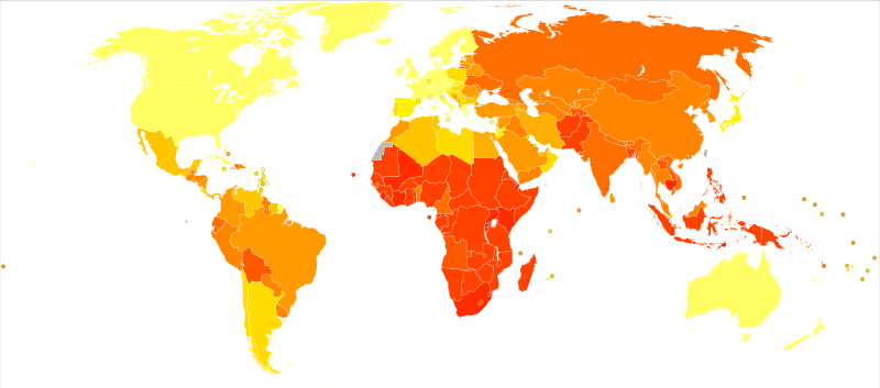 Усреднённые по возрасту годы жизни, скорректированные по нетрудоспособности, вызванные туберкулёзом на 100 000 жителей в 2004 году[23].